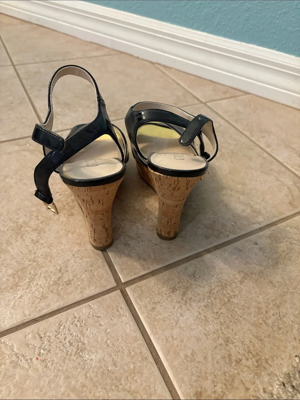 GUESS Black Patent Wedge Sandals with Yellow Toe Accent
